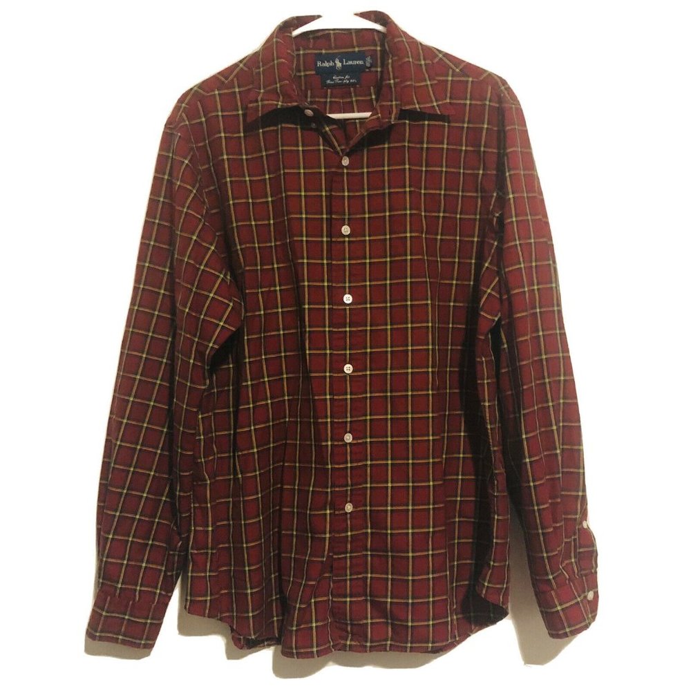 Vintage Blue Label Ralph Laren Men Red Plaid Button Up Shirt Large Custom Fit